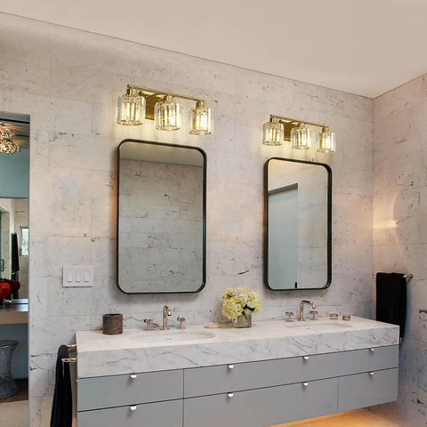 Gold Vanity Light Fixture For Bathroom Over Mirror, 3 Light Crystal Wall Sconces With Modern Design, above double sinks