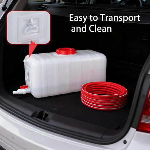 Large 29 Gallon Water Storage Tank With Spigot and 3m Hose Control Valve in car trunk for camping RV truck emergency