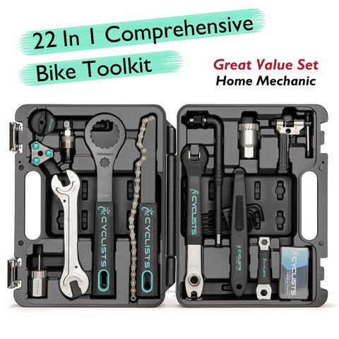 All-In-One Bike Tool Kit With Storage Case, 22-Piece Bicycle Repair Set For Road And Mountain Bikes, tools in open case