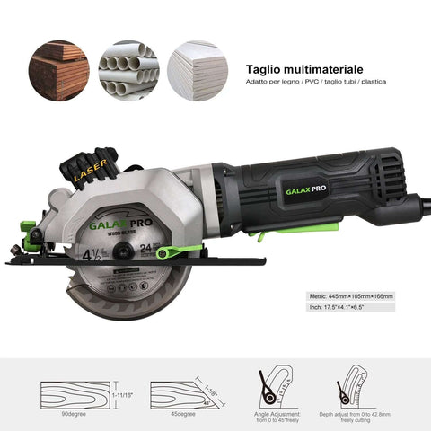 GALAX PRO compact circular saw with laser guide, 4-1/2 inch blade, green and black