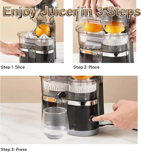 500Ml Electric Citrus Juicer Machine With High Speed 18000 Rpm Motor For Fresh Orange Lemon Grapefruit Juice Extractor Auto Squeeze Pressing steps showing slicing, placing, and pressing oranges.