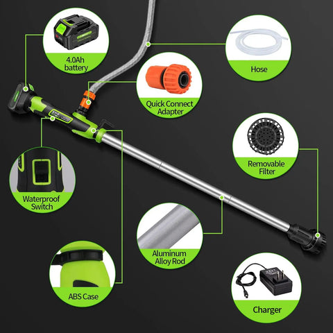 Beast Cordless Stick Water Transfer Pump 21V Battery 13,800 RPM 720 GPH Flow with components including battery, hose, and charger
