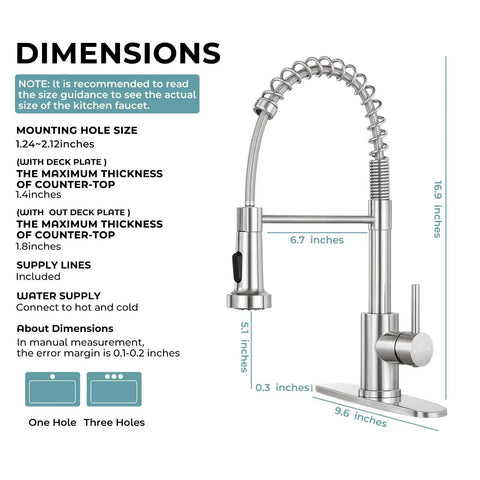 Dimensions of Smooth Operator Pull Down Kitchen Faucet With Brushed Nickel Finish showcasing height and width measurements.