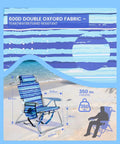 Two-Pack Backpack Beach Chairs With Cup Holder And Towel Bars, ocean blue, detailed size dimensions and 600D fabric text, beach background.