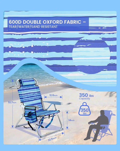 Two-Pack Backpack Beach Chairs With Cup Holder And Towel Bars, ocean blue, detailed size dimensions and 600D fabric text, beach background.