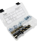Heavy Grip Self Locking Threaded Insert Kit With Thin Wall Metric Sizing For Solid Metal And Plastic Fix Ups Comes Complete With 46 Piece Professional Hard And Soft Hardware Assortment in plastic case with metal inserts and drill bits.