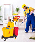 Yellow Down Press Mop Wringer Top Shelf Commercial Cleaning Gear Heavy Duty Workhorse Fits 26 Or 33 Quart Buckets in use.