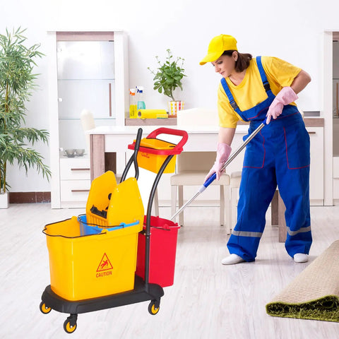 Yellow Down Press Mop Wringer Top Shelf Commercial Cleaning Gear Heavy Duty Workhorse Fits 26 Or 33 Quart Buckets in use.