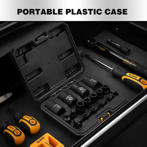 Inverted E Torx Socket Set For Impact Wrench 1/2 3/8 1/4 Drives With Storage Case featuring open case of sockets and tools