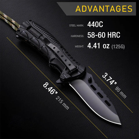 3.74 Inch Sharp Blade Folding Knife With Fire Starter Whistle Paracord Handle EDC Survival Camping Tool