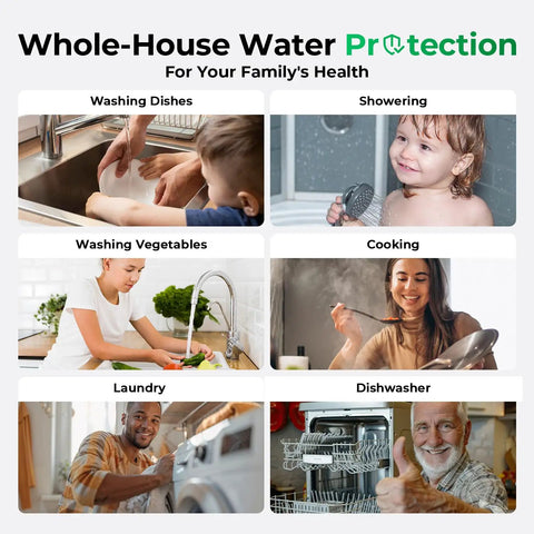 Whole House Water Filtration System Featuring 20 Inch Sediment And Carbon Block Filters used for washing dishes and showering.