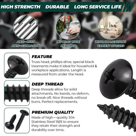 No 6 Black Stainless Steel Phillips Truss Head Sheet Metal Screws Set With Bit, 304 Stainless, corrosion resistant