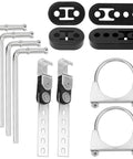 3 Inch Exhaust Hanger Kit 12 Piece with 360 Degree Swivel Clamps, adjustable rods, zinc-coated brackets, and rubber hangers.