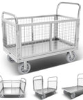 6-In-1 Foldable Flatbed Cart With Cage, Heavy-Duty Platform Truck And Dolly, Swivel Wheels, 2000 Pound Capacity, Multi-Purpose Hand Cart For Grocery, Laundry, Storage, Stall And More, Built Tough For Everyday Hauling, silver steel cage cart