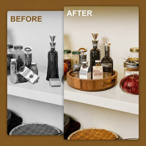 Before and after image showing organization with Straight Up Premium Acacia Wood Lazy Susan Turntable Organizer for kitchen storage.