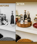 Before and after image of pantry organization using Top Shelf 12 Inch Acacia Wood Lazy Susan Turntable Organizer.
