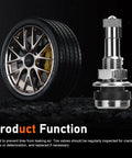 Beefy Brass Tire Valve Stem 1.5 Inch With Rubber Gasket next to a tire, illustrating product function