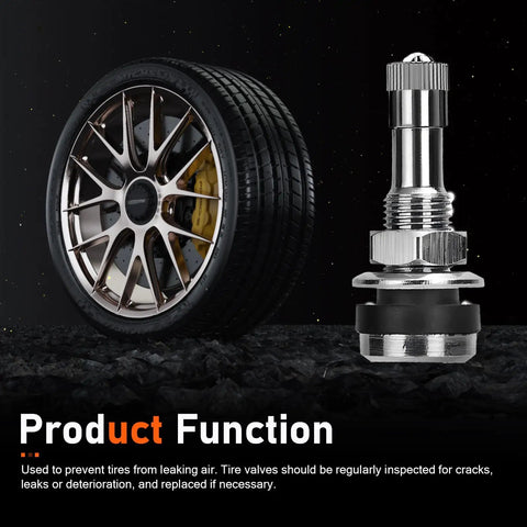 Beefy Brass Tire Valve Stem 1.5 Inch With Rubber Gasket next to a tire, illustrating product function
