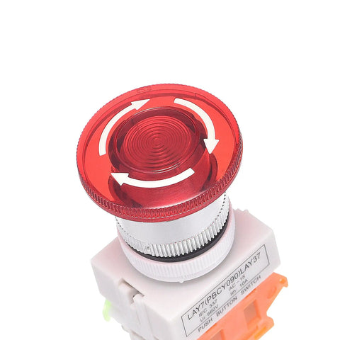 Workhorse 22mm Latching Emergency Stop Push Button Switch With Indicator Light for Industrial Lathe, red button top view