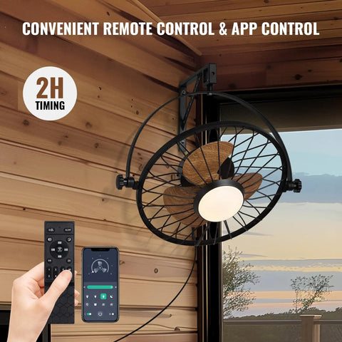 21 Inch Wall Mount Fan With Dimmable LED Light And Remote, 6 Speed Wall Fan With Plug In Cord on wooden wall
