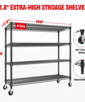 Beefy Heavy Duty Metal Wire Shelving Unit With Wheels, 4 Tier Industrial Storage Rack, 59 W X 18 D X 72 H, shown with features
