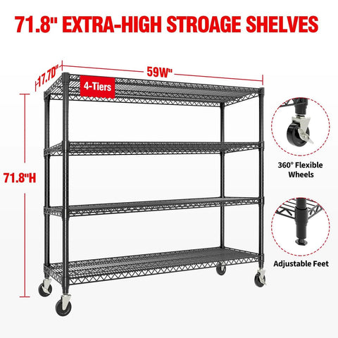Beefy Heavy Duty Metal Wire Shelving Unit With Wheels, 4 Tier Industrial Storage Rack, 59 W X 18 D X 72 H, shown with features
