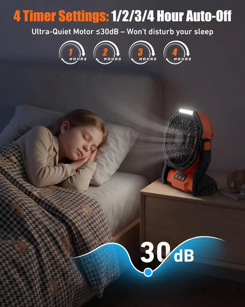 Child sleeping with Rechargeable Camping Fan With 20000mAh Battery, LED Light, And Built In Hook on bedside table