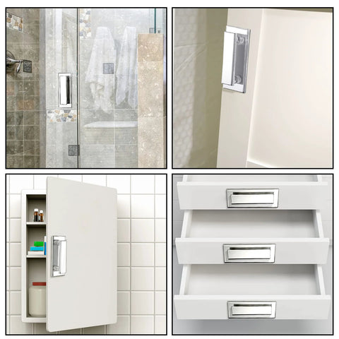 Two Piece Mirror Closet Door Pull Handles Adhesive Self Stick Clear Acrylic Knobs 5x2 in and 4x1 in installed on cabinets and drawers