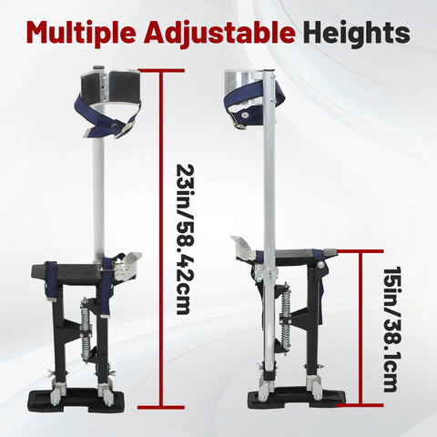Adjustable Aluminum Drywall Stilts for Painting and Cleaning, height 15 to 23 inches, lightweight with durable braces shown.