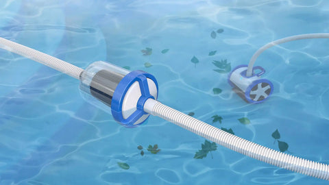 Navigator Standard Leaf Canister for pool vacuums with heavy-duty debris basket in operation, trapping leaves in water.