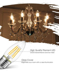 Cozy Warm Glow LED Filament Candle Bulbs, E26 Candelabra Base, displayed in chandelier, decorative light