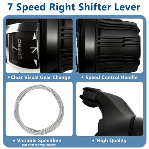 Detailed image of 3x7 Speed Twist Shifter Lever Set for Mountain Bikes, close-up of 7-speed gear shifter with cable and grip detail.