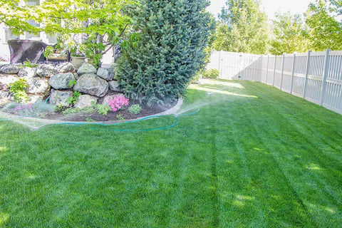 Port-A-Rain Above-Ground Sprinkler System For Flexible Yard Watering in a garden with green lawn and fence