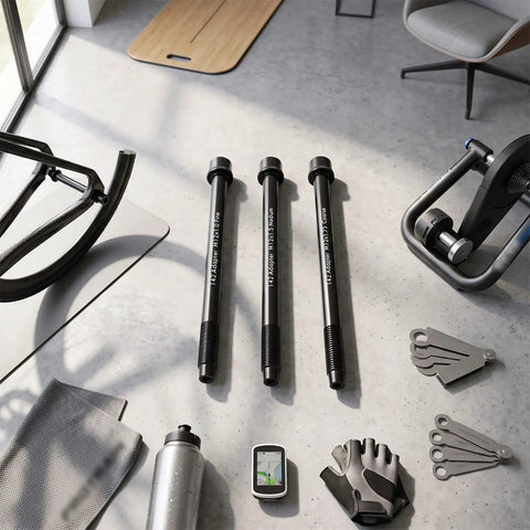 Premium Thru Axle Adapter Kit For Shkalacar Wahoo SNAP With Triple M12 Thread Compatibility And Precision Alloy Steel Build For A Cool Ride. Three black M12 adapter rods on floor