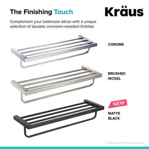 Solid Brass Bathroom Shelf With Towel Bar In Brushed Nickel Finish For Towels Washcloths And Toiletries Heavy Duty Rust Resistant Organizer With Built In Bar And Lifetime Limited Warranty in brushed nickel finish, shown with chrome and matte black options.