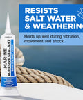Fast Cure White Marine Adhesive Sealant 5200 tube on boat deck with text highlighting resistance to salt water and weathering.