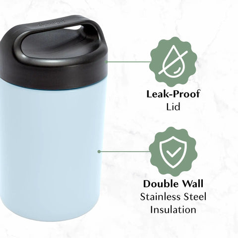 Heavy Duty Double Wall Vacuum Sealed Stainless Steel Food Jar With Rugged Carry Handle Lid Keeps Your Lunch Sizzling Hot All Day Leakproof Grab And Go Sixteen Oz Sky Blue with black lid and leak-proof features.