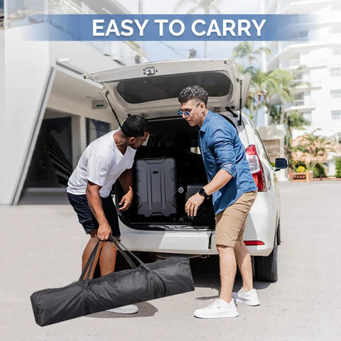 Two men packing an Easy Setup 10x10 Pop Up Canopy Tent With Sidewalls For Outdoor Parties Quick Takedown Gazebo Shelter into a car