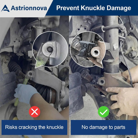 Front view of Astrionnova universal suspension strut spreader tool, dual-end design installed on lower ball joint