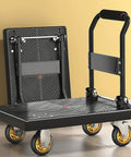Rock Solid Heavy Duty Folding Platform Truck Rated For One Hundred Fifty Kilos with folded deck and adjustable handle in view.