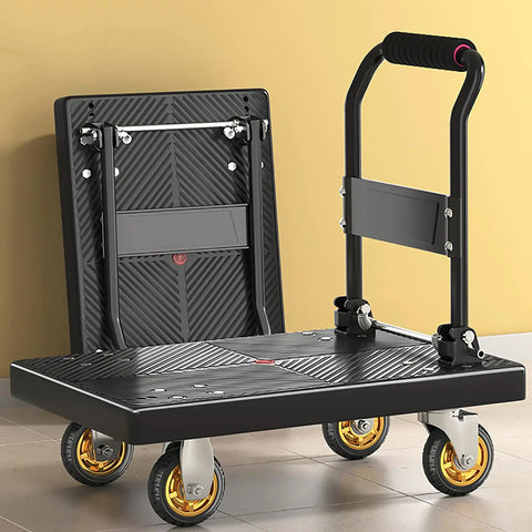 Rock Solid Heavy Duty Folding Platform Truck Rated For One Hundred Fifty Kilos with folded deck and adjustable handle in view.