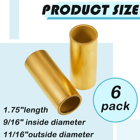 Six-pack brass trailer leaf spring bushings; 1.75 in length, 9/16 in ID, 11/16 in OD.