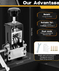 Dual Mode Wire Stripper Tool For Scrap Copper, Drill Powered And Manual Crank, shown with dimensions and accessories