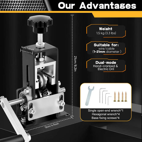 Dual Mode Wire Stripper Tool For Scrap Copper, Drill Powered And Manual Crank, shown with dimensions and accessories