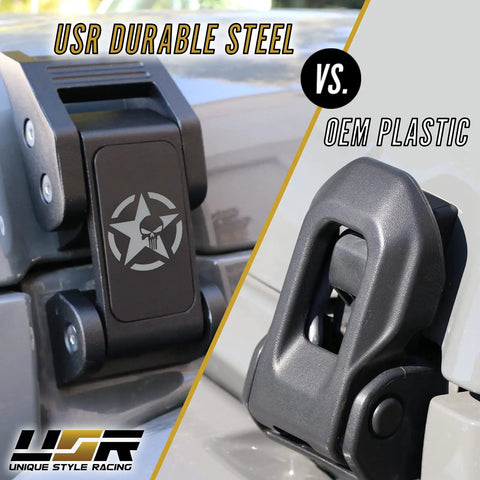 Comparison of Heavy Duty Skull Hood Latch Set For Jeep Wrangler JL 2018 To 2024 And Gladiator JT vs OEM plastic latch
