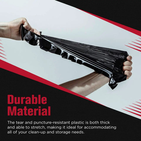 Hands stretching black plastic 95 To 100 Gallon Heavy Duty Trash Bags Mega Value 50 Bags With Ties, demonstrating durability.