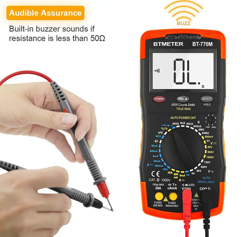 6000-Count True RMS Digital Multimeter With Auto And Manual Ranging, showing display and probes for AC/DC measurement