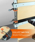 Drawer Slide Jig With Toggle Clamp And Magnetic Arm For Precise Cabinet Installations showing toggle clamps on wooden panel