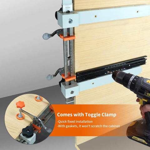 Drawer Slide Jig With Toggle Clamp And Magnetic Arm For Precise Cabinet Installations showing toggle clamps on wooden panel