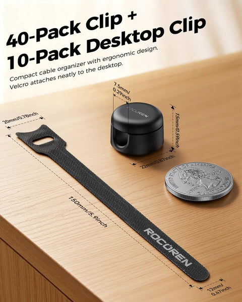 Ultimate Cable Management Kit With 10 Magnetic Rotatable Clips And 40 Reusable Velcro Cord Straps on wooden desk